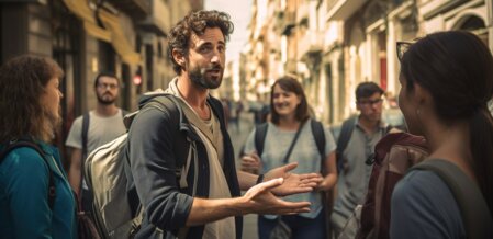 Un guide en pleine visite guidée avec un groupe dans l'une des villes de Savoie