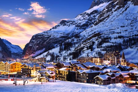 View of the village of Val d'Isère at nightfall, from the slopes