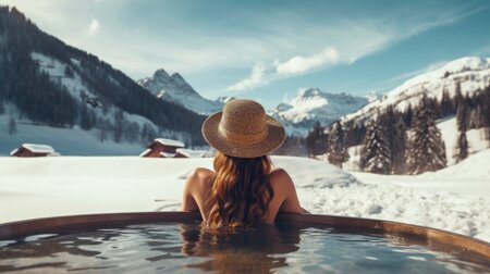 A woman enjoys the view of the snow-capped mountains from a Nordic bath